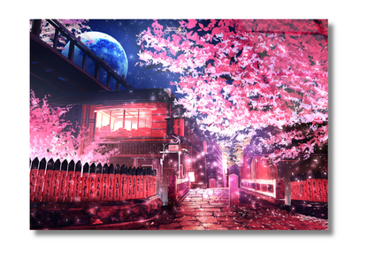 Sakura Under the Night Sky- Glass Wall Art