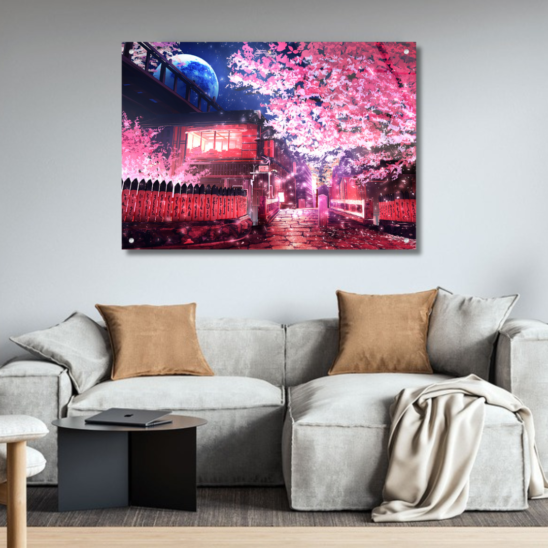 Sakura Under the Night Sky- Glass Wall Art